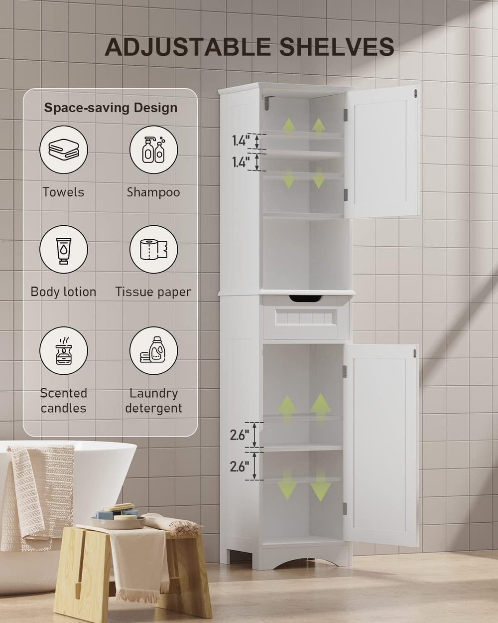 Gizoon 67” H Tall Bathroom Storage Cabinet, Narrow Storage Cabinet, White