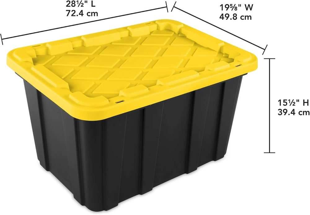 Plastic Storage Tote, Large 27 Gallon, Black and Yellow, 6 Pack