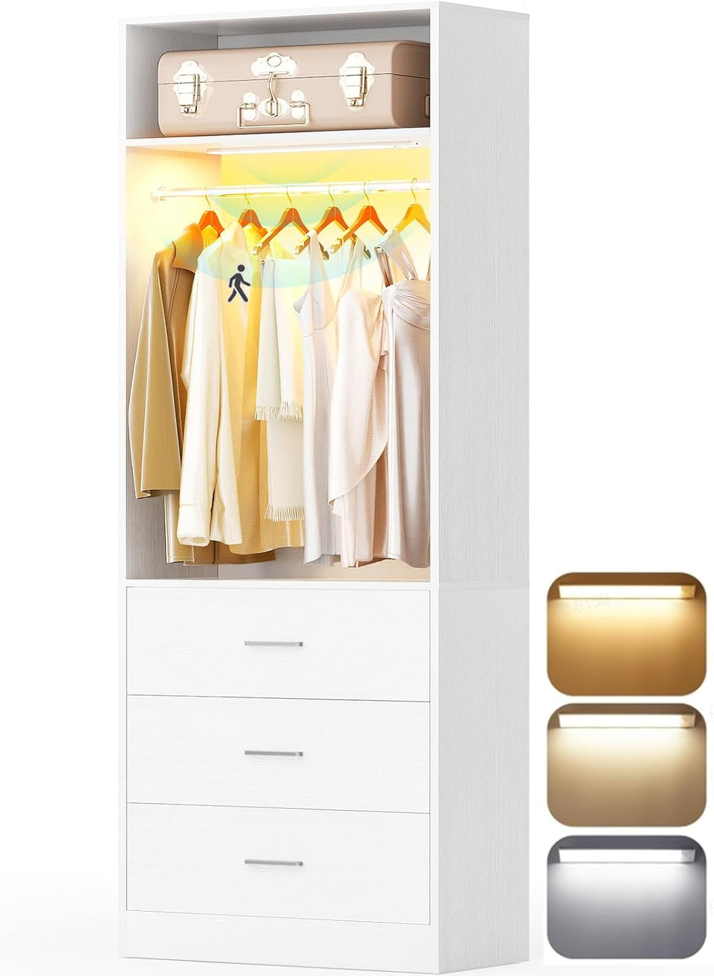 Besiost Closet System with Drawers & Sensor Light, White (Enclosed Storag...
