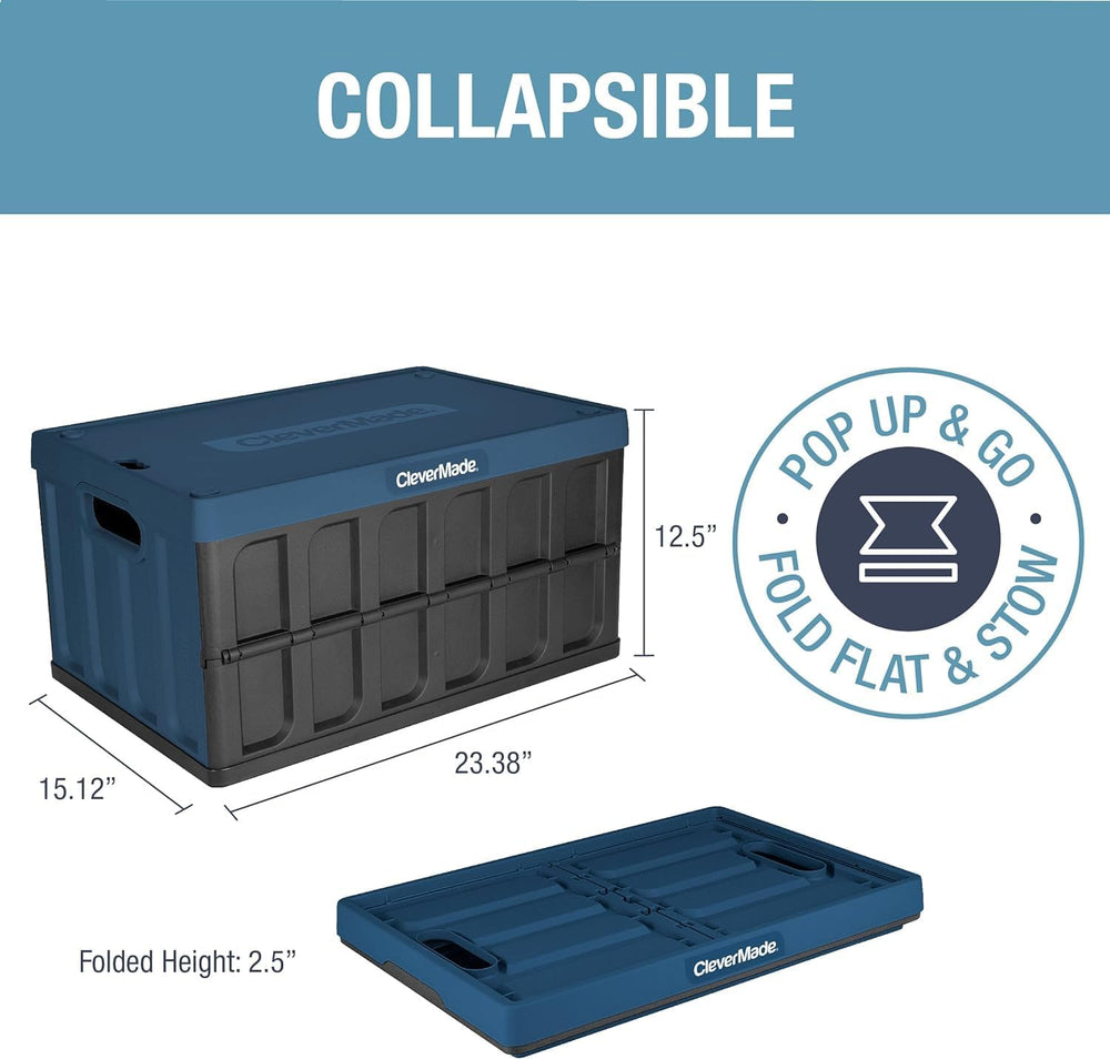 CleverMade Collapsible Storage Bins With Lids, 62L 3 Pack, 100 lb, Ocean