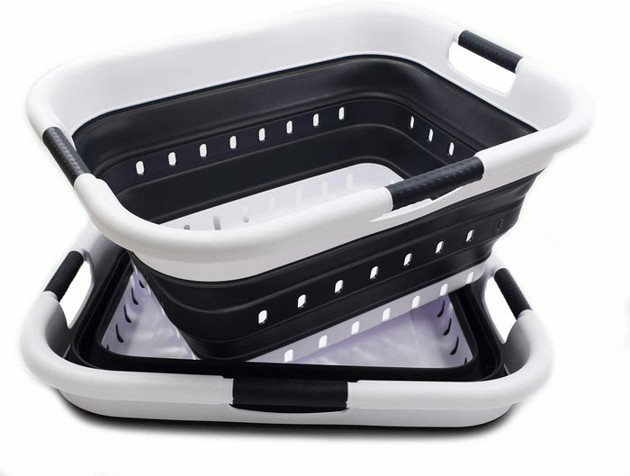 SAMMART 41L (10.8 gallon) Set of 2 Collapsible 3 Handled Plastic Laundry Basket-Foldable Pop Up Storage Container/Organizer-Space Saving Hamper/Basket (2, Black)