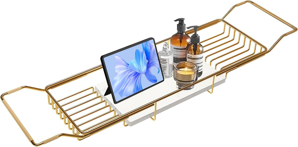 Bathtub Tray Stainless Steel with Marble Base Gold Bathtub Tray with White Ma...