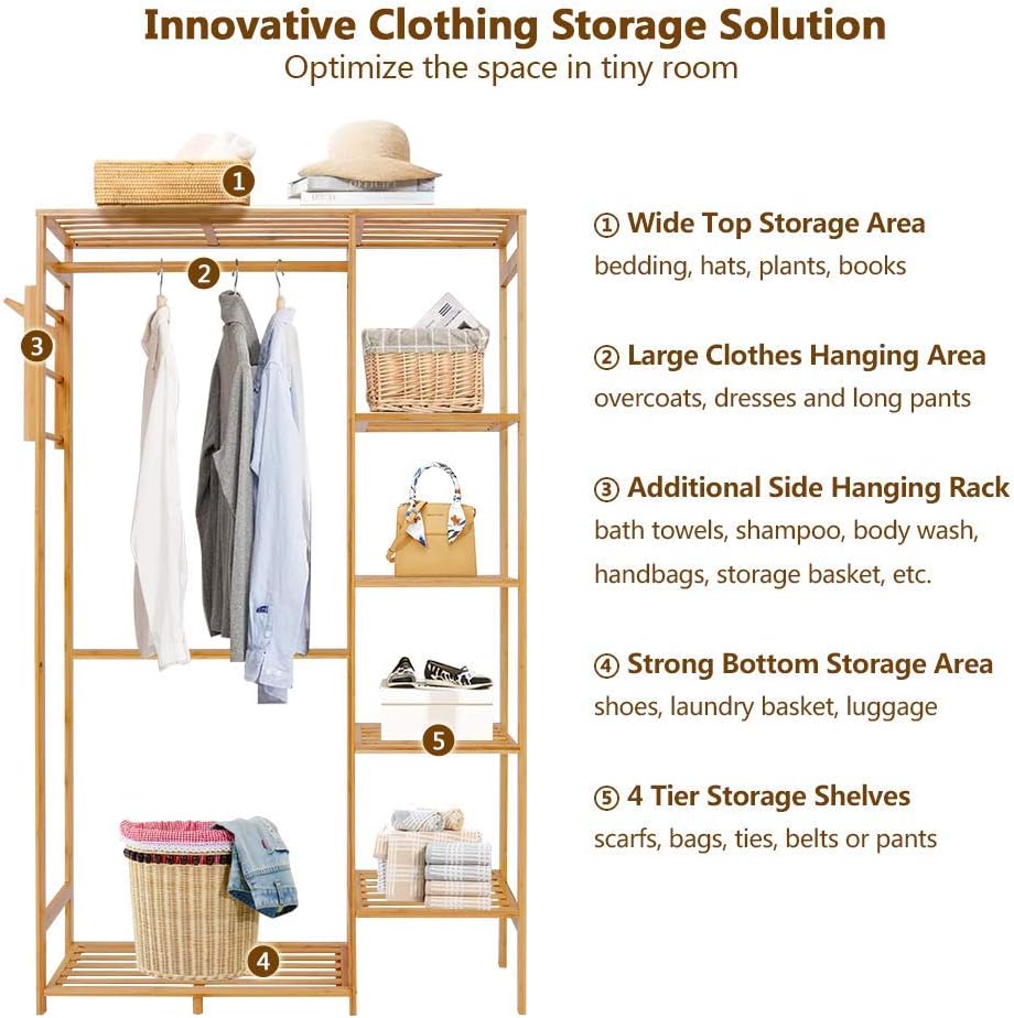 Ufine Bamboo Garment Rack with 6 Tier Storage Shelves & Hanging Rod