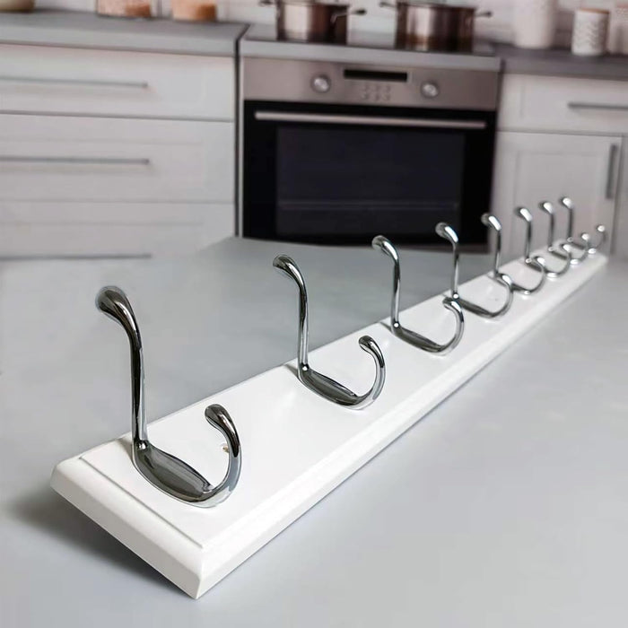 Wooden Wall Mounted Coat Rack 35 inch (90cm) with 8 Silver Hooks, Lang Wood White Coat Hook for Entrance, Hallway, Bedroom, Wall Clothes Hanger