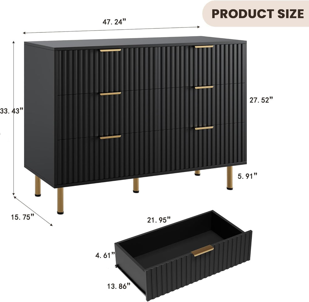 GarveeHome 47.2" Fluted Black 6 Drawer Dresser for Bedroom with Deep Drawer