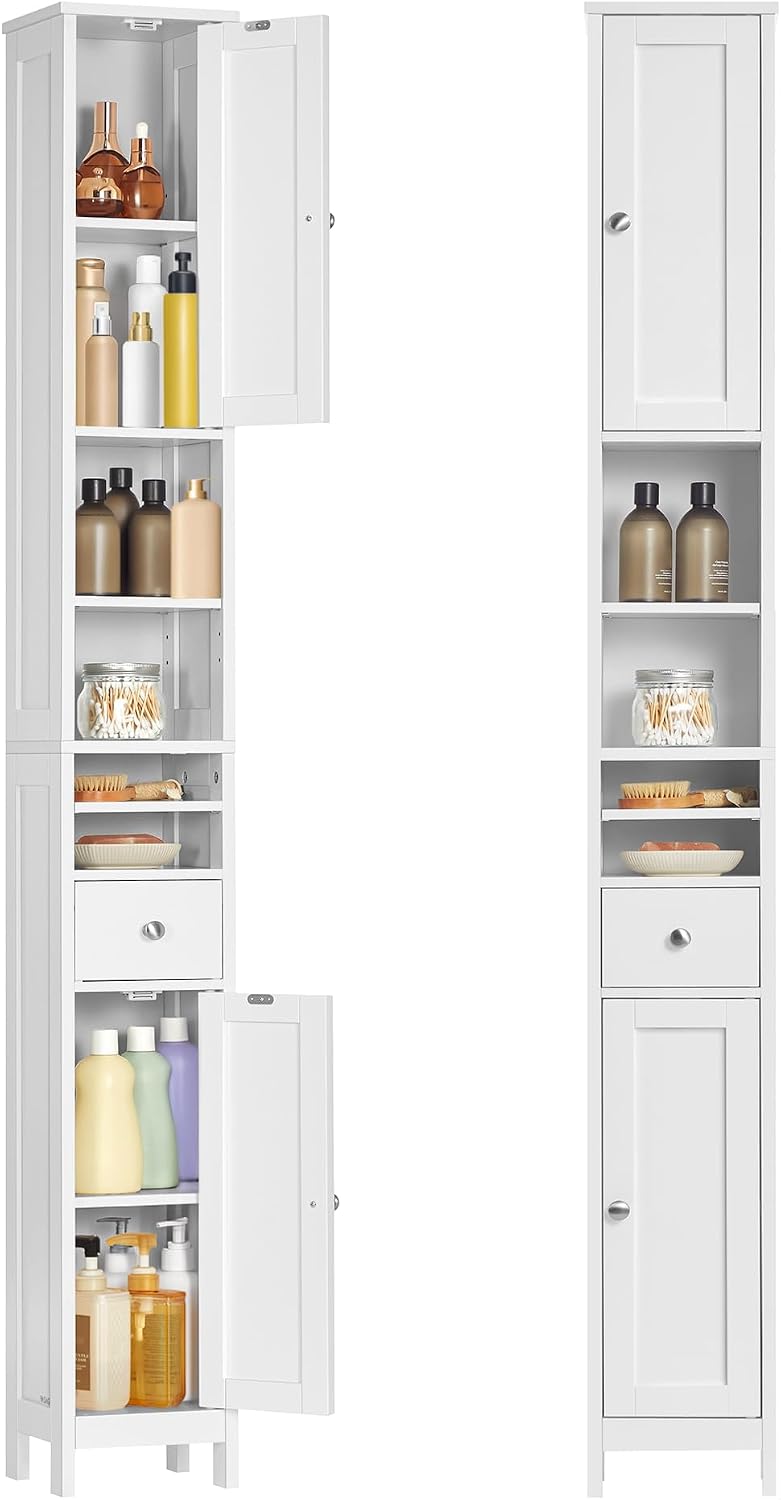VASAGLE Tall Bathroom Cabinet, Slim Freestanding, Drawer, Open Compartments