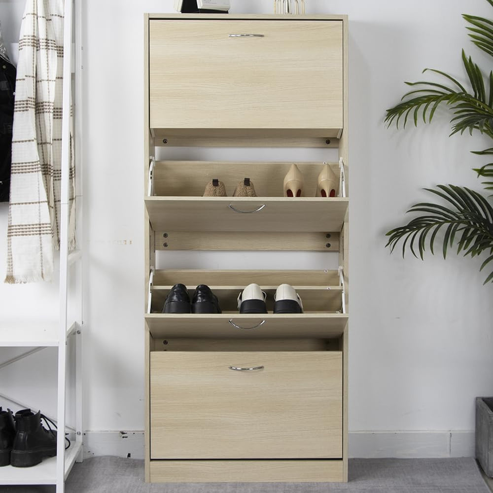 BAKAJI Shoe Rack in MDF Wood with 4 Folding Shoe Doors, Metal Handles Double ...