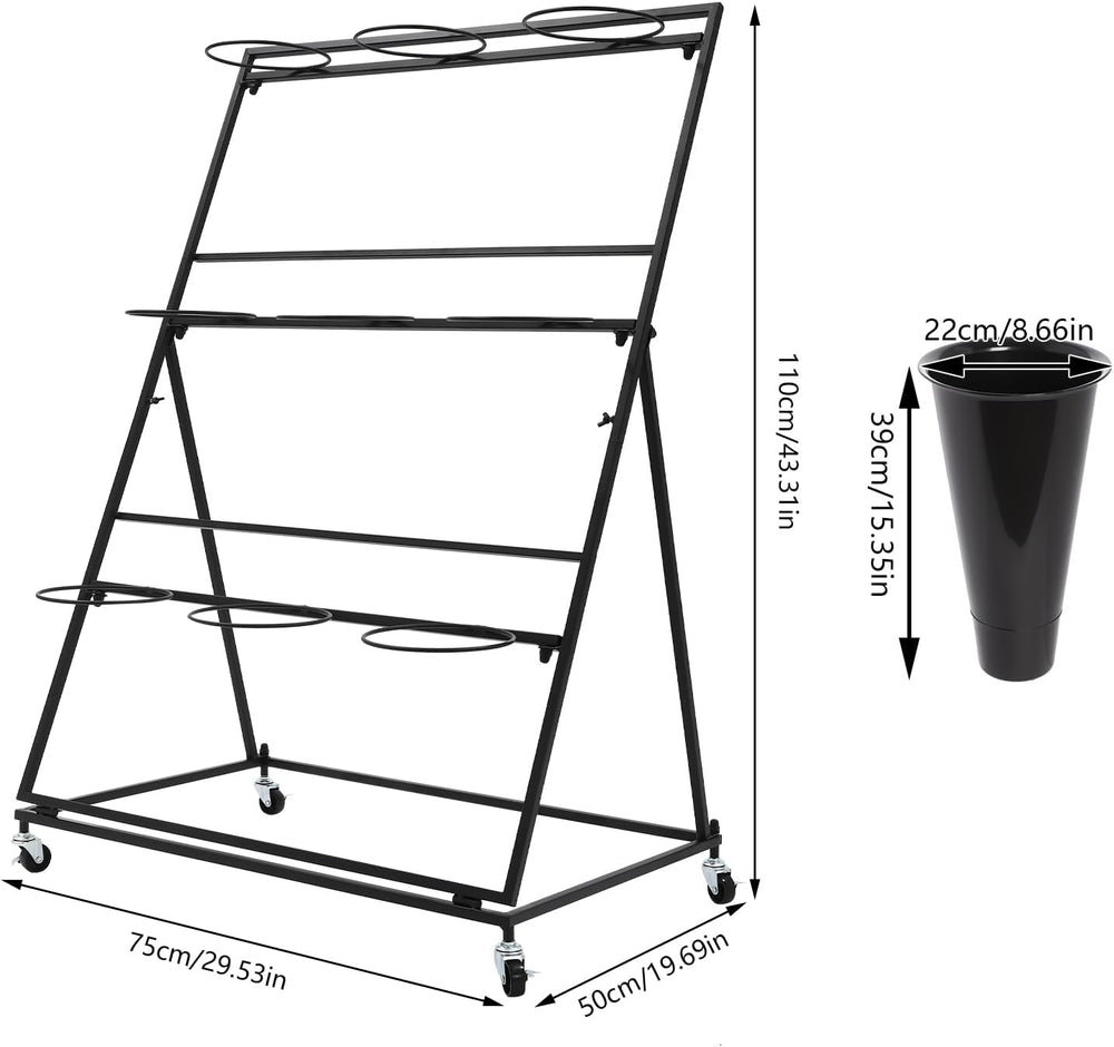 Flower Display Stand with 9 Buckets, 3-Tier Metal Flower Cart with Wheels, He...