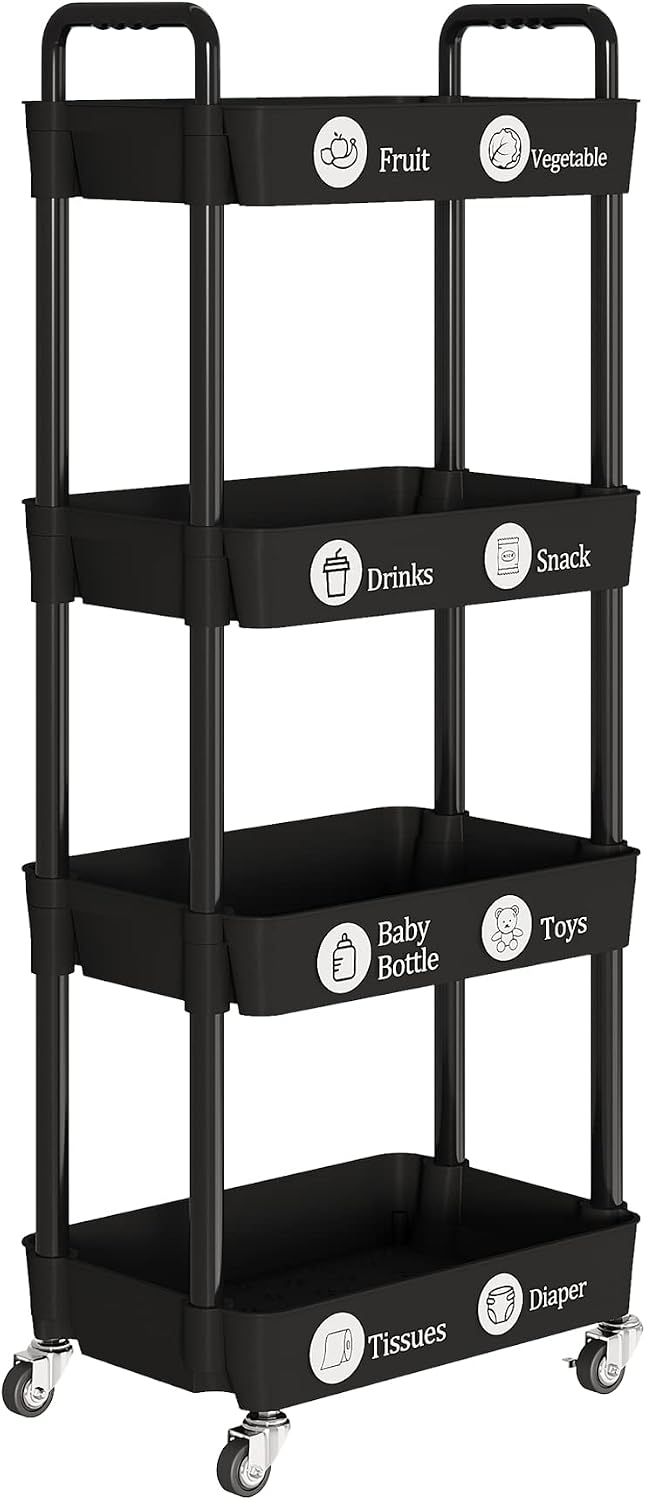 4 Tier Rolling Cart with Wheels, Utility Storage Carts,Black
