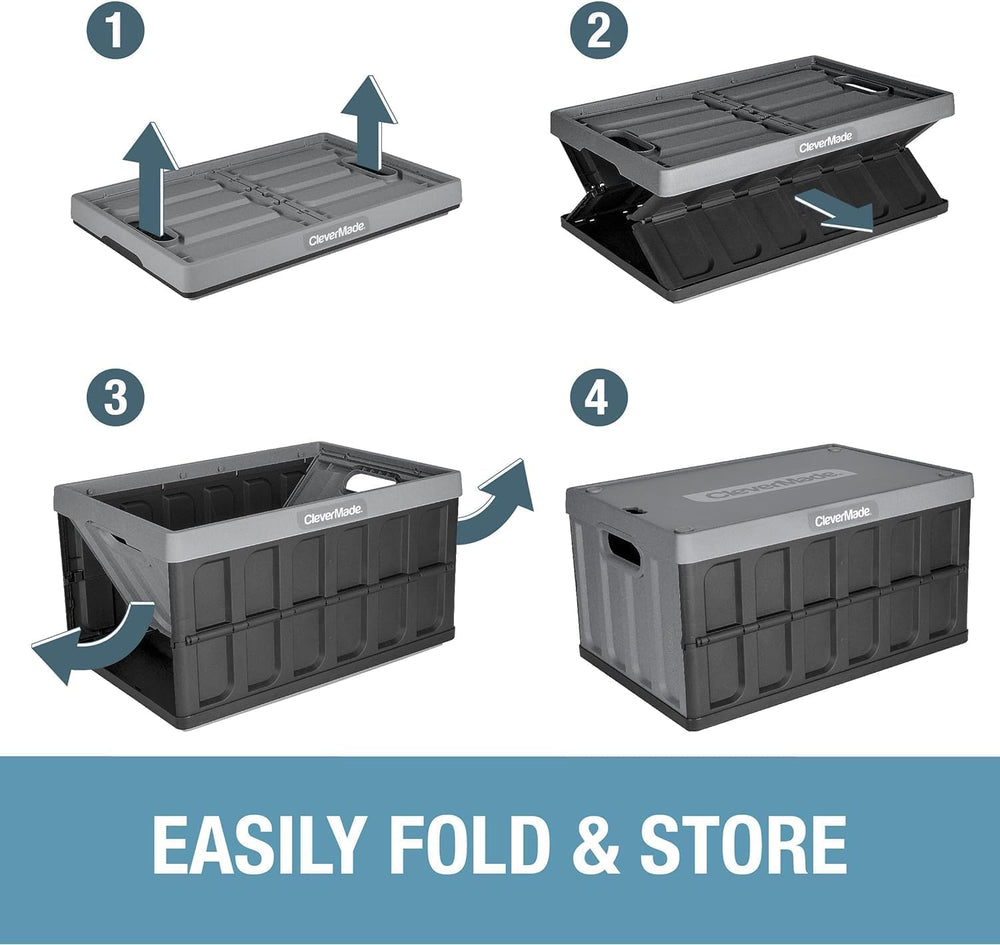 CleverMade Collapsible Storage Bins With Lids, 62L 3 Pack, 100 lb, Obsidian