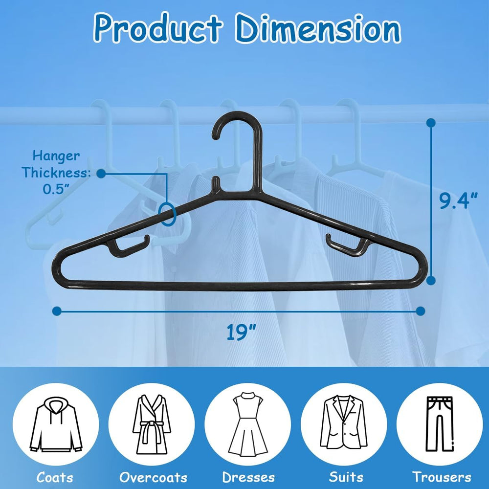 KNM Extra Wide 19 Inch Hangers for Plus Size Clothes, Black, 20 Pack
