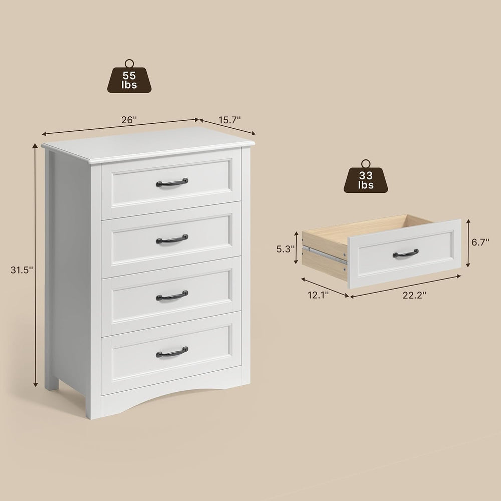 Gizoon 4 Drawer Dresser for Bedroom, Wood Storage Chest, White
