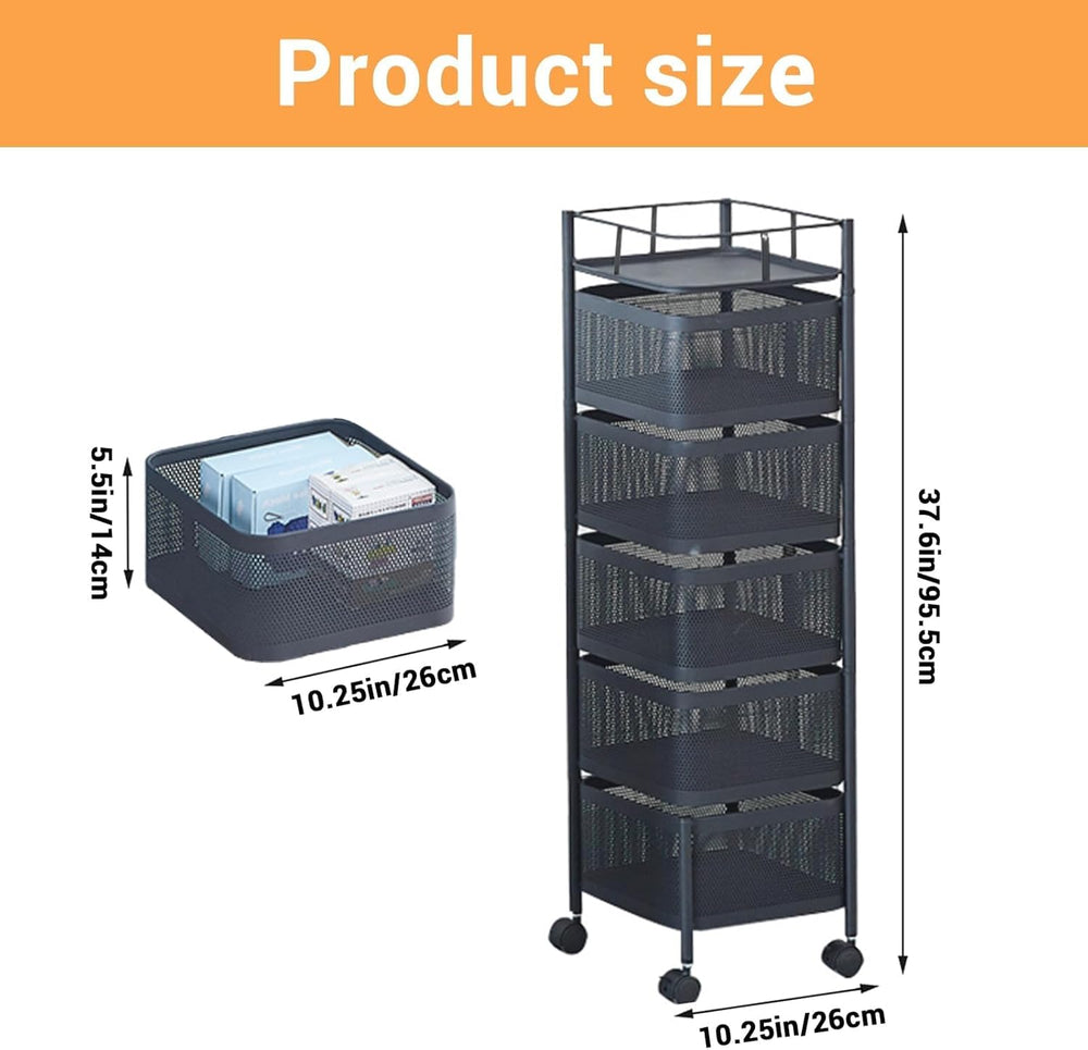 5-Tier Kitchen Storage Cart, Fruit and Vegetable Basket Rotating Storage Rack...
