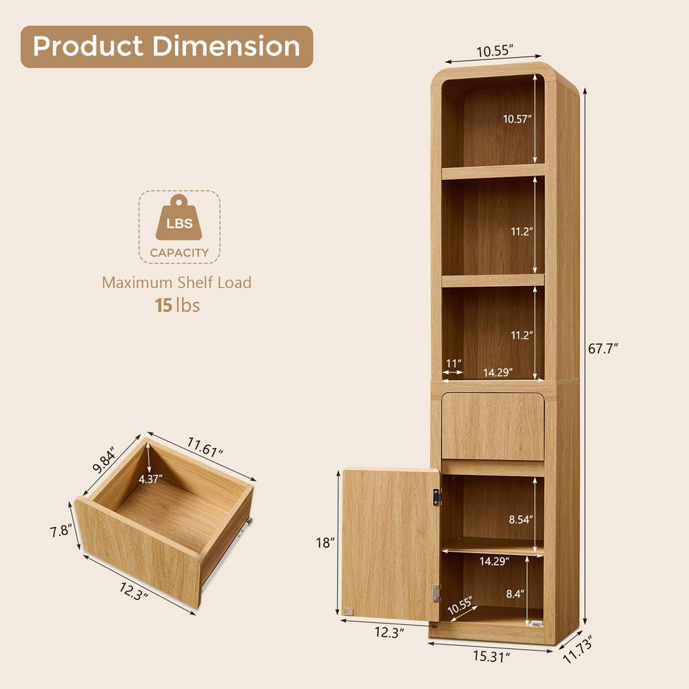 67" Tall Narrow Bathroom Storage Cabinet w/Door & Drawers, Natural