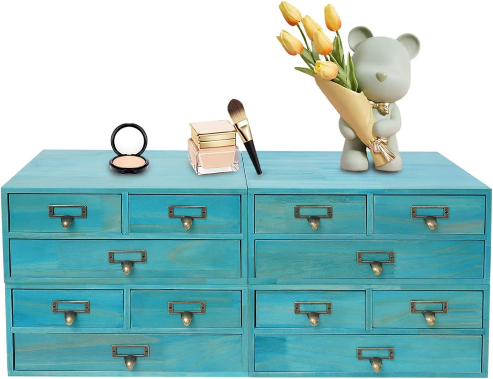 4 Pcs Vintage Desktop Organizer Set, Wooden 12 Drawer Storage Cabinets with M...