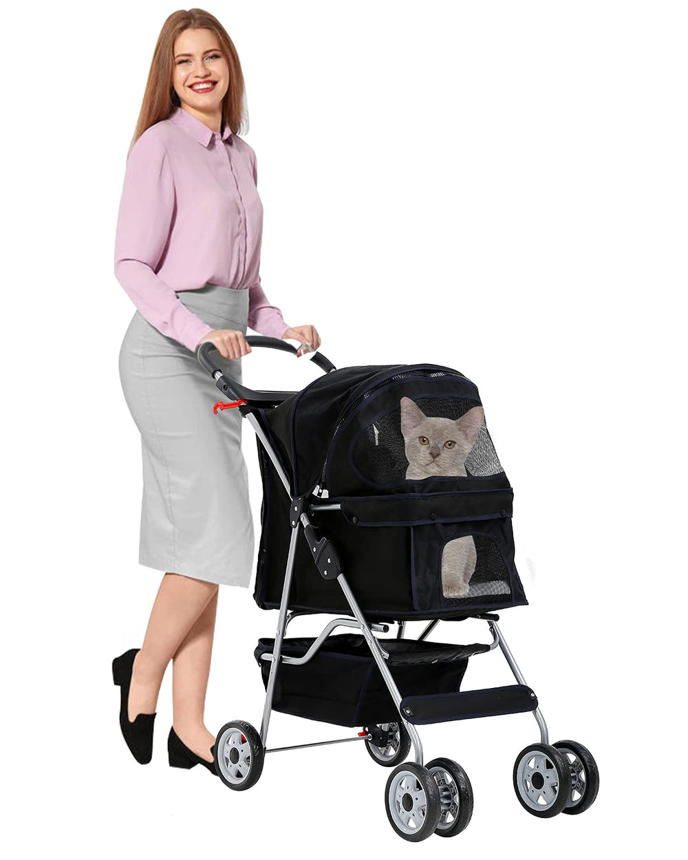 4 Wheels Pet Stroller for Dogs/Cats, Cat Dog Cage Stroller, Travel Folding Ca...