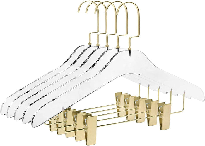 HomeCube USA Clear Acrylic Suit Hangers, Gold Hooks, 17", 5-Pack