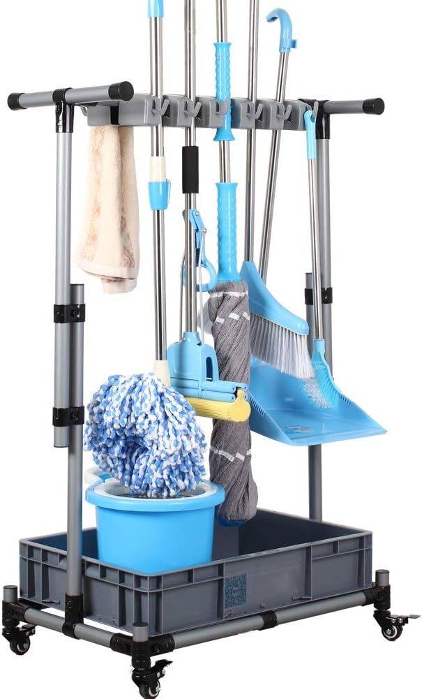 Broom And Mop Holder Put Wet Movable Floor-Mounted Mop Rack Floor Standing Cl...