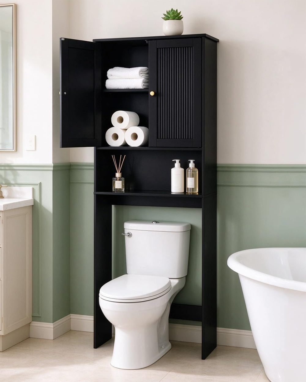 Over the Toilet Storage Cabinet, 2 Fluted Doors, Adjustable Shelf, Black