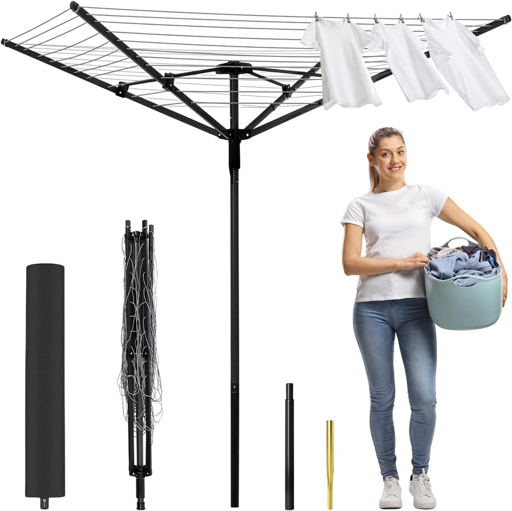 Outdoor Umbrella Drying Rack, 4-Aluminum Arms Folding Rotary Dryer with 12 Li...