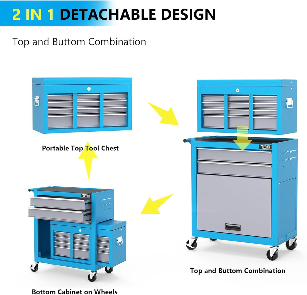 TUFFIOM 8-Drawer Rolling Tool Chest w/Lock, Tool Storage Cabinet w/Wheels, De...