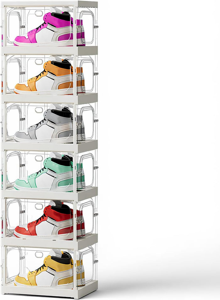 X-Large Sturdy Foldable Shoe Rack Sneaker Container Clear Plastic Stackable Space Saving Shoe Storage Boxes Organizers Bin Holder with Lids for Entryway, Closet 6 Tier - 14.0" W Hold 6 Pairs