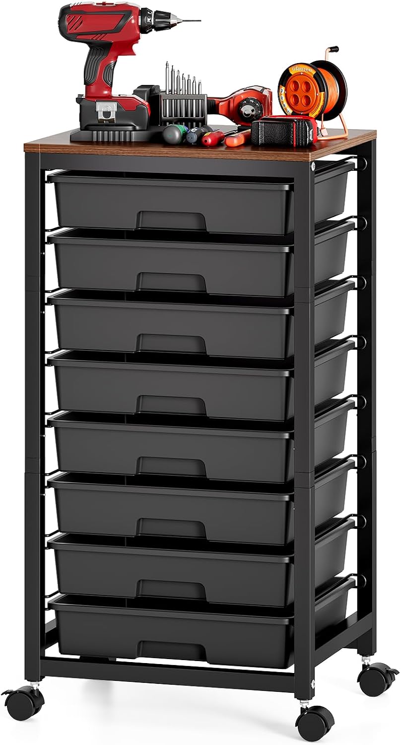 SYKIARIOL Rolling Storage Cart with Drawers, 8 Drawers Utility Cart,Black