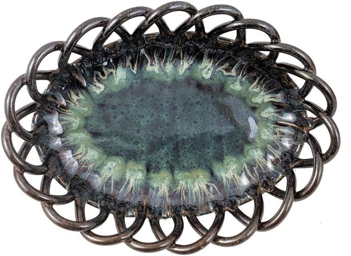 American Handmade Stoneware Pottery Woven Bread Basket in Midnight Blue