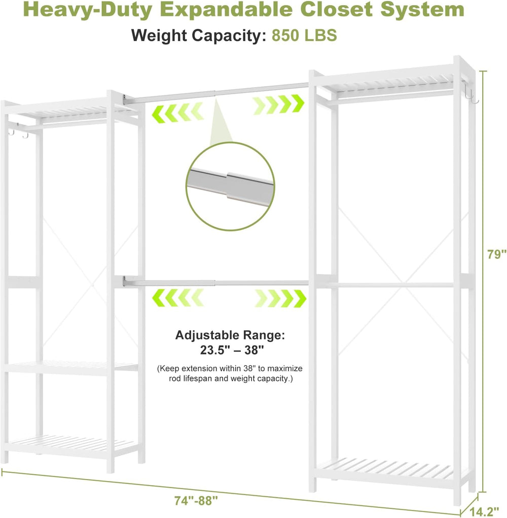 Homykic Bamboo Clothing Rack, 74”-88” Expandable Closet System, White