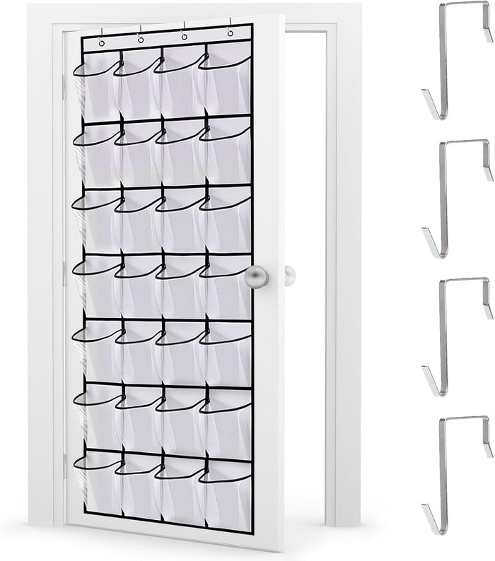Hanging Shoe Storage, Sturdy Over the Door Shoe Storage Organiser with 28 Pockets and 4 Hooks, Versatile Over Door Wardrobe Shoe Rack for Bedroom Bathroom Closet Organization