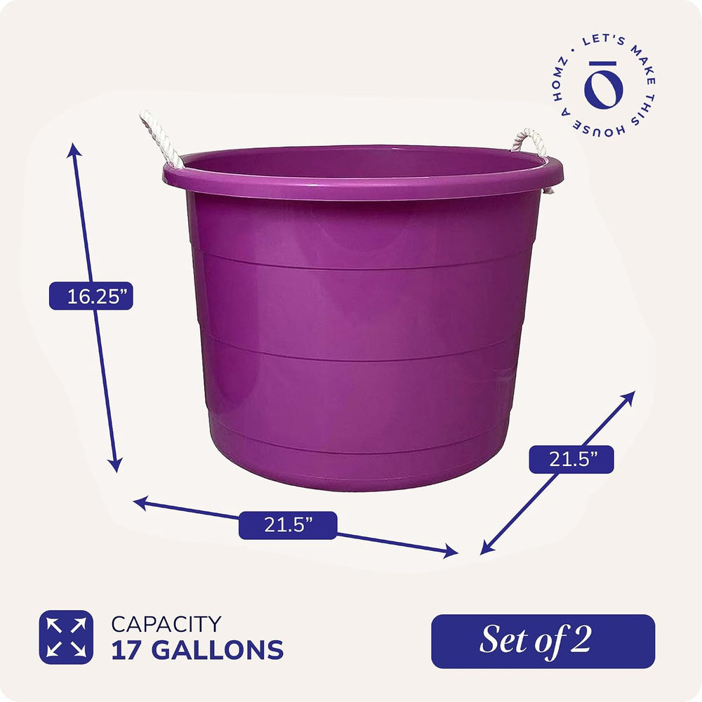 HOMZ Utility Tub, Storage Bucket with Rope Handles, 18 Gal, Purple, 2 Pack