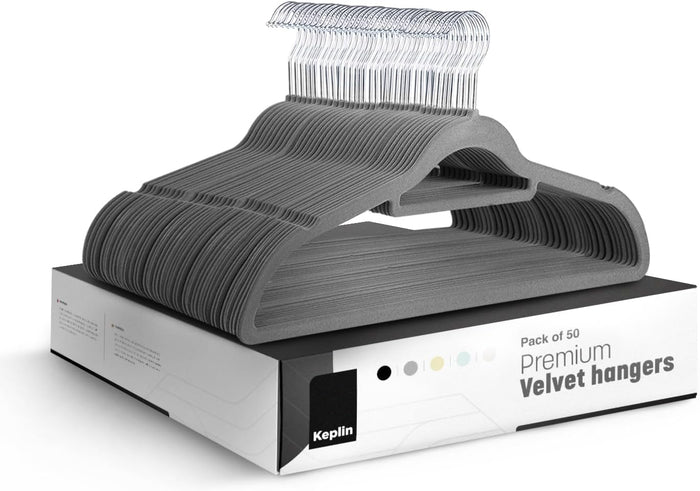 KEPLIN Grey Velvet Hangers 50 Pack - 18 inch, Thin Non Slip Hangers with Tie Bar and 360° Degree Hook for Home Storage – Sturdy & Space Saving Wardrobe Organizers for T-Shirts, Suits and Coats