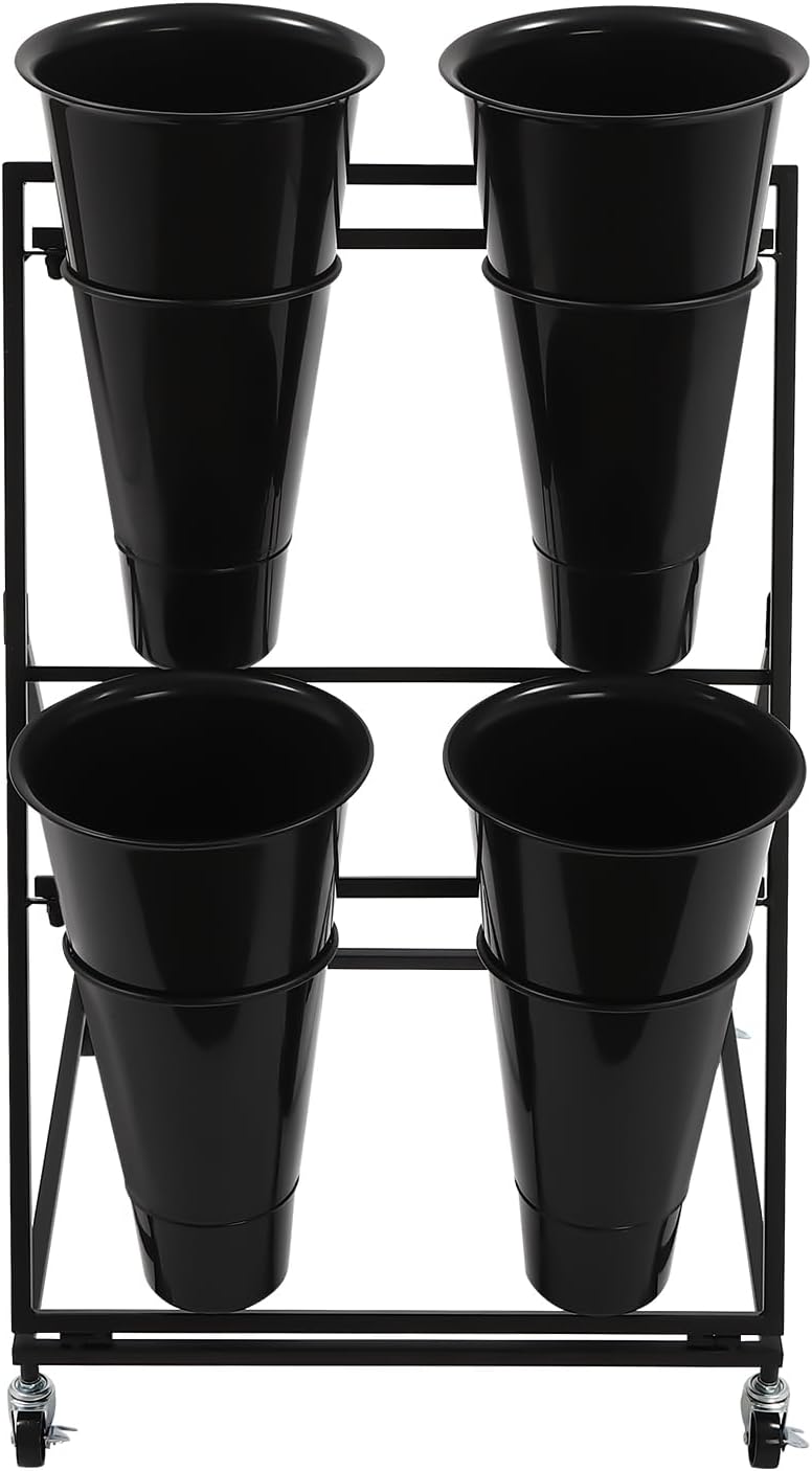 2-Tier Flower Display Stand with 4 Buckets & Wheels, Black Metal Rolling ...