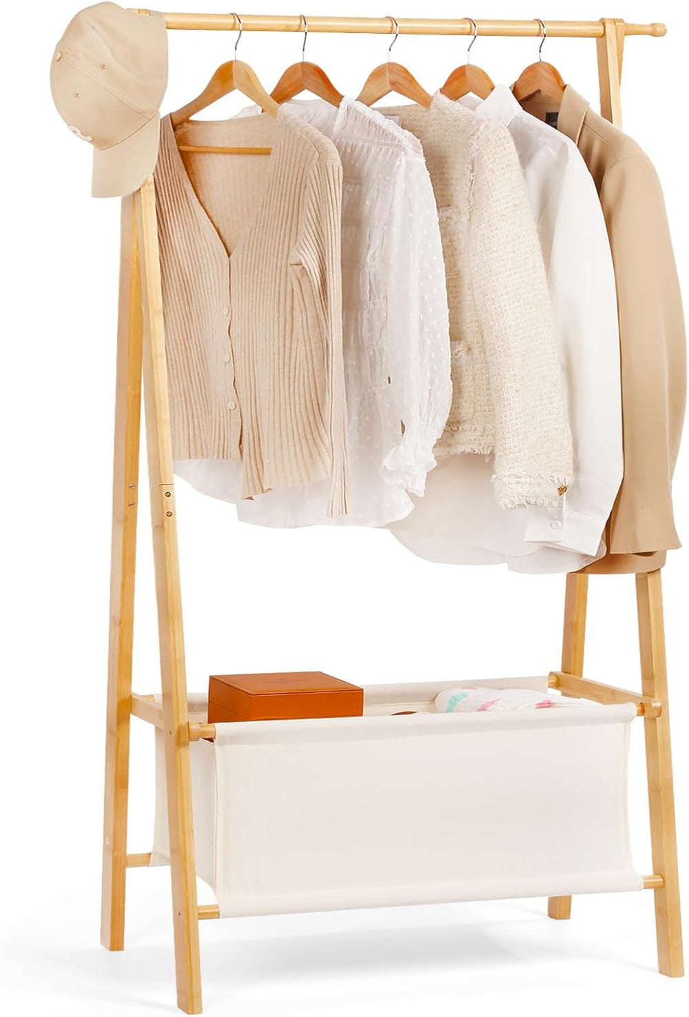 Bamboo Clothes Rack with Storage Box, Portable Extra Large Garment Rack Cloth...