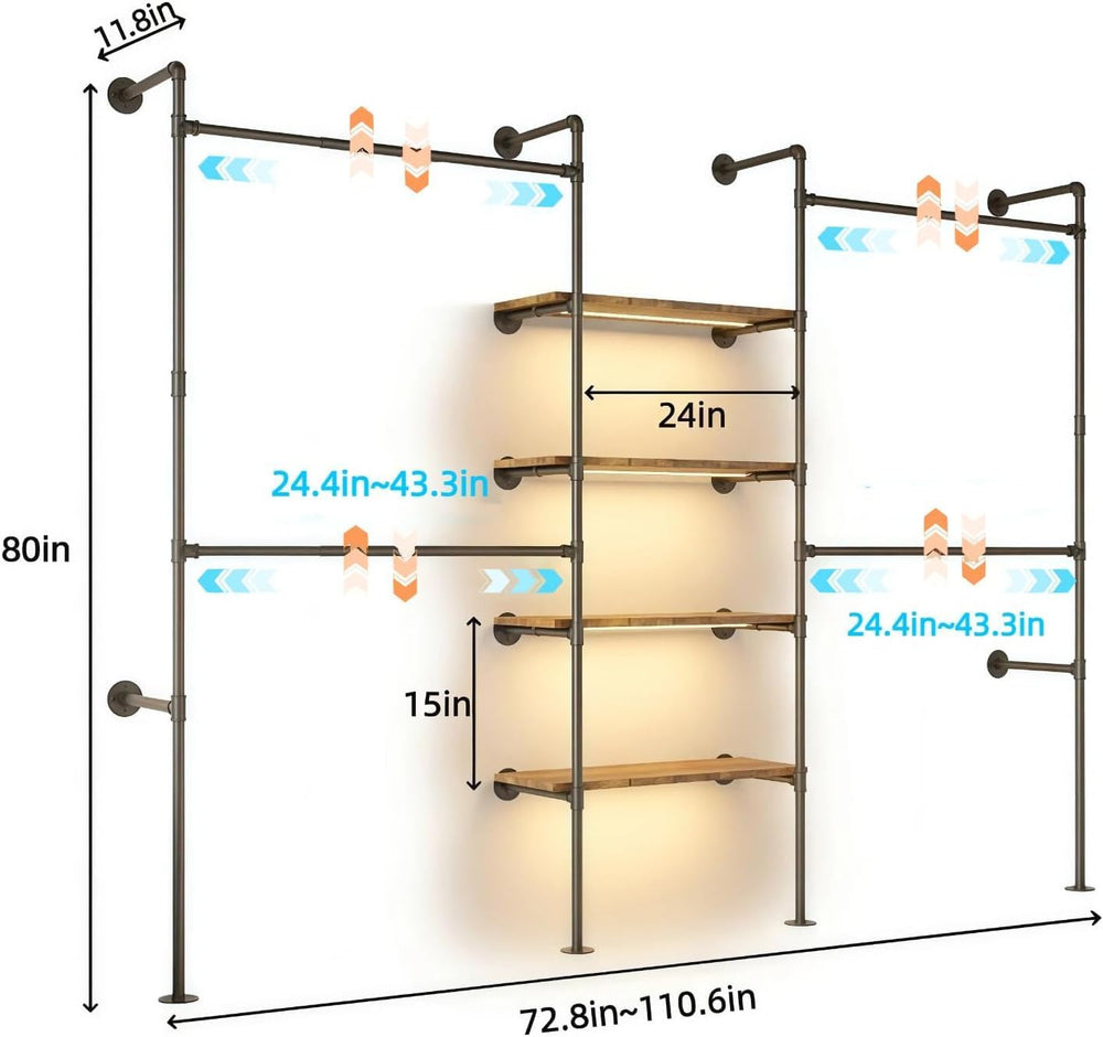 Expandable Industrial Pipe Clothing Rack with LED & Shelves