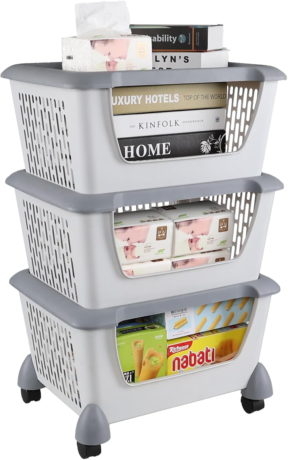 3 Tier Plastic Stackable Storage Baskets with Wheels, Rolling Stackable Baske...