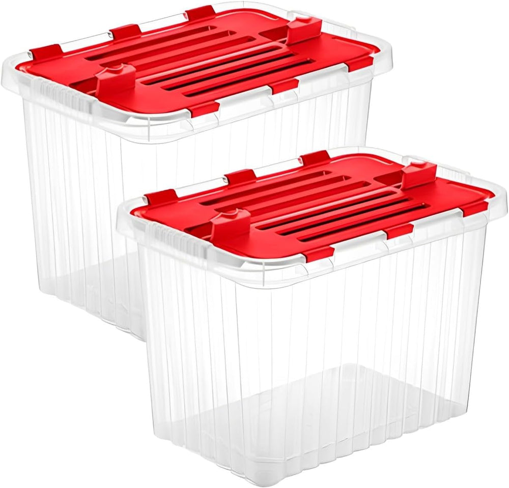 Superio Red Storage Box with Red Hinged Lids, 2 Pack Plastic Container Bins f...