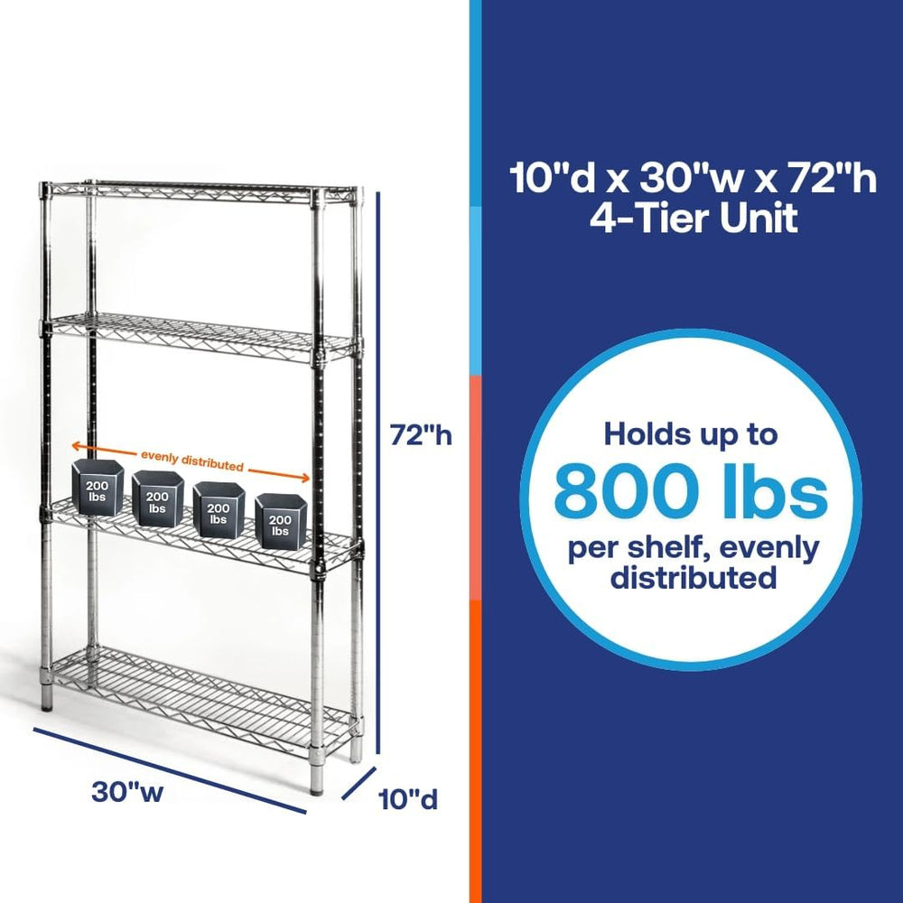 Shelving Inc. 10" d x 30" w x 72" h Chrome Wire Shelving w/ 4 ...