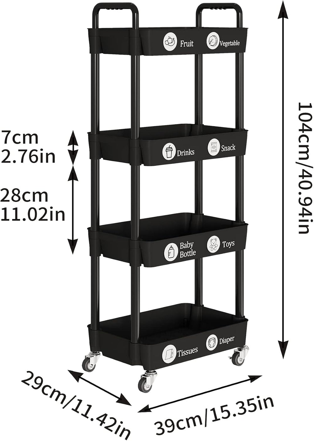 4 Tier Rolling Cart with Wheels, Utility Storage Carts,Black