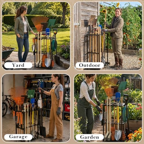 Faesun Garden Tool Organizer, 3-Tier Metal Yard Tool Rack with 14 Hooks &...