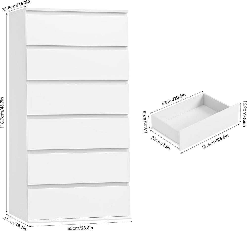 FOTOSOK White Dresser, 6 Drawer Dresser with Handleless Drawer Cabinet