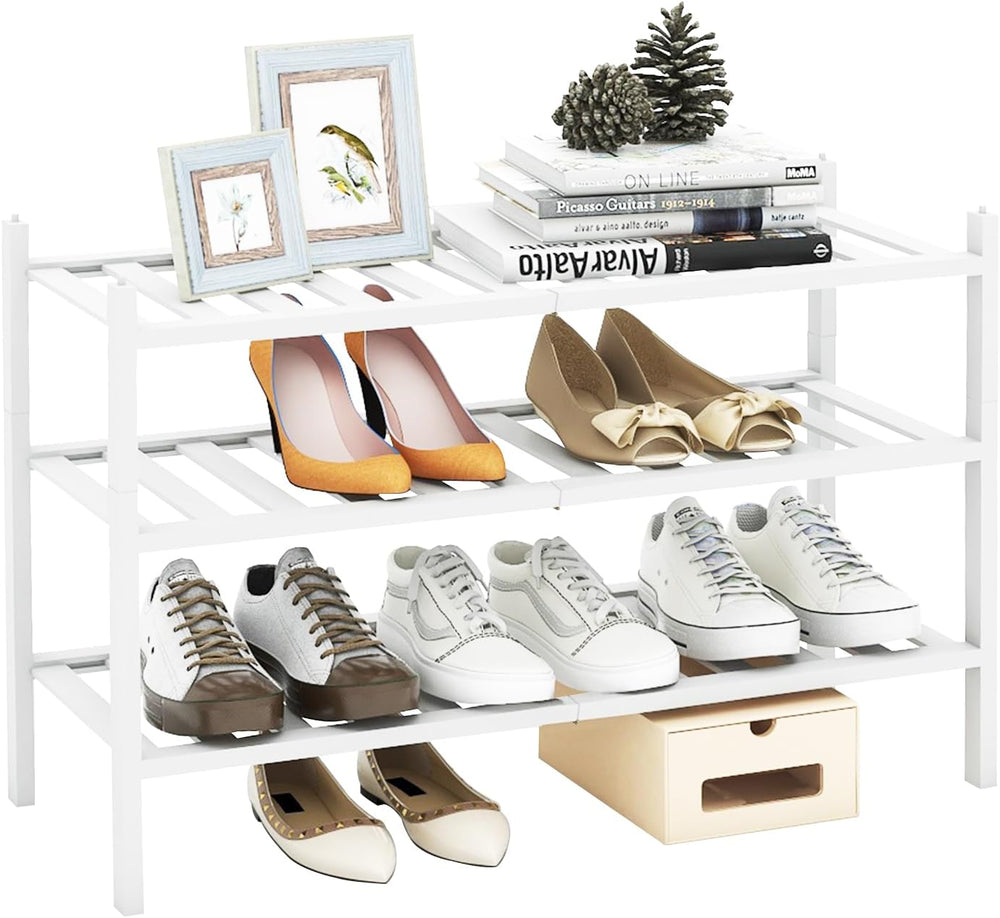 Bamboo Shoe Rack for Closet Entryway 3 Tier Stackable Shoe Storage Small Shoe...