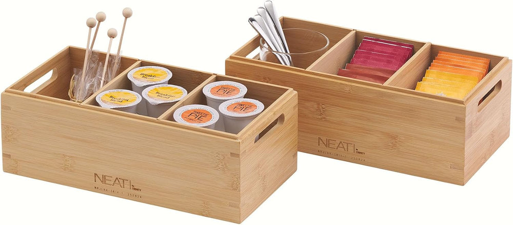 Set of 2 Stackable Bamboo Wood Boxes with Handles, Storage Bins for Shelving,...