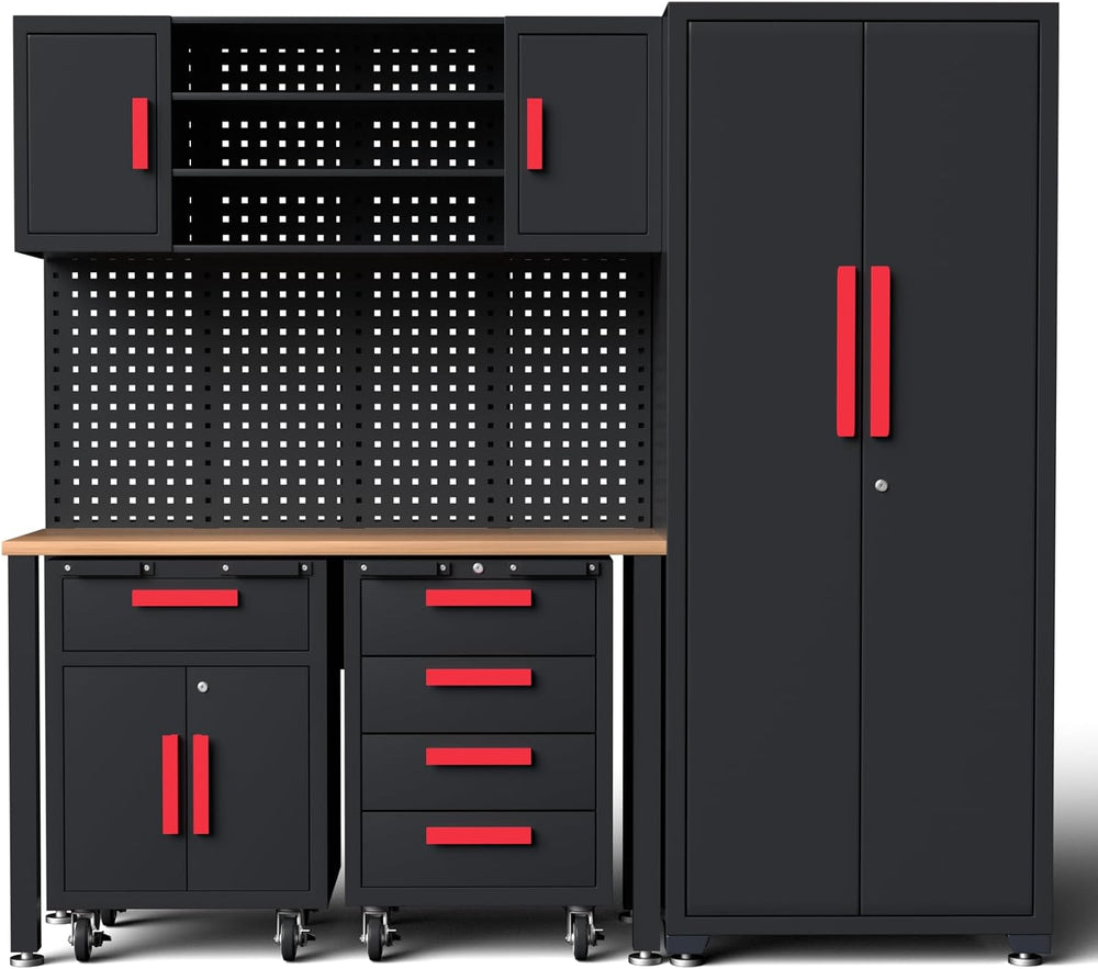 6Pcs Garage Cabinets Storage System with Rolling Chest,Red Handle