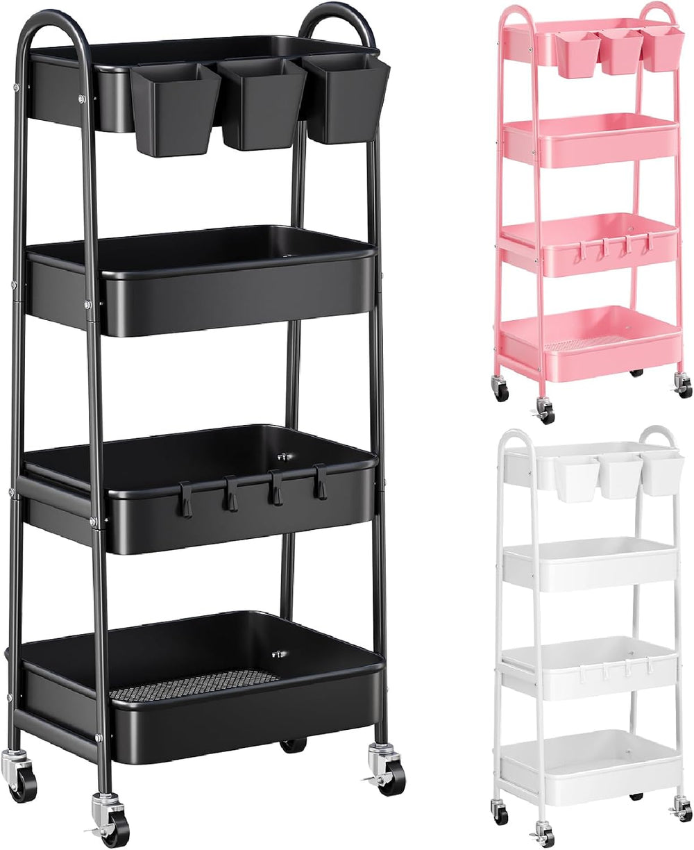 Black 4 Tier Rolling Cart Metal with Lockable Wheels,Four Tiered Dorm Carts