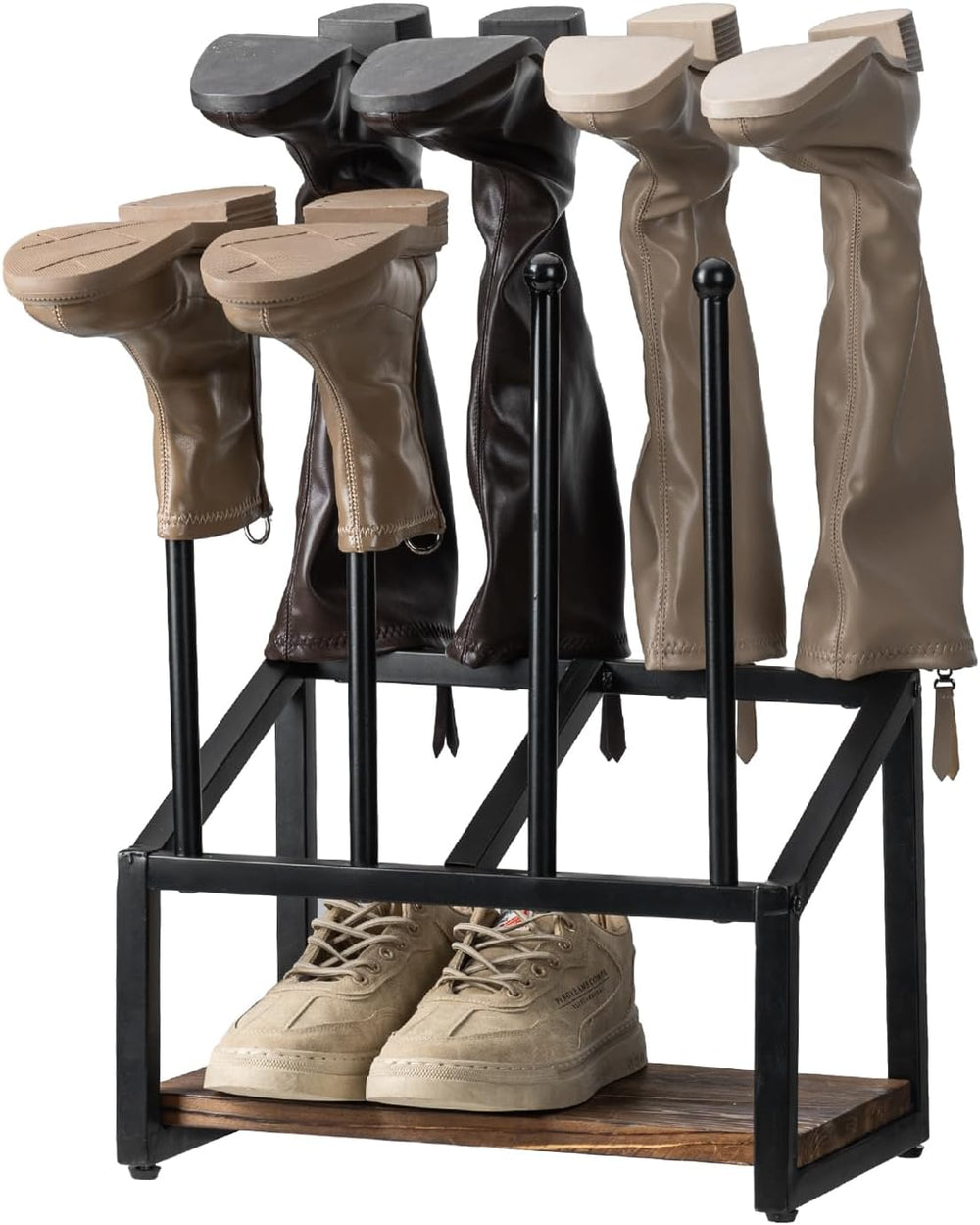 MyGift Industrial Metal & Burnt Wood 4-Pair Boot Rack with Shoe Shelf - F...
