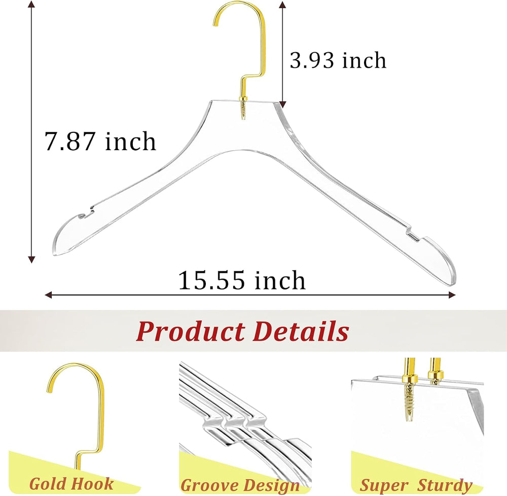 Acrylic Hangers 30 Pack,Clear Crystal Hanger with Gold Hook 15.55 Inch,Premiu...