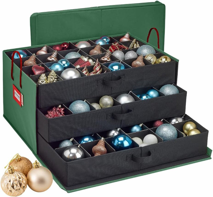 HOLDN’ STORAGE Christmas Ornament Storage Box with Dividers, Holds Up to 72 Ornaments (4 Inches), Large Organizer with 3 Stackable Trays - Green