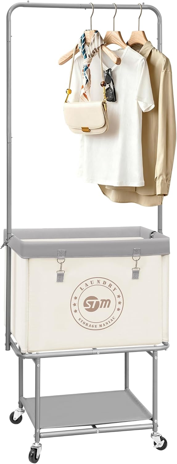 STORAGE MANIAC Rolling Laundry Cart with Hanging Bar & Storage Shelf, 110...
