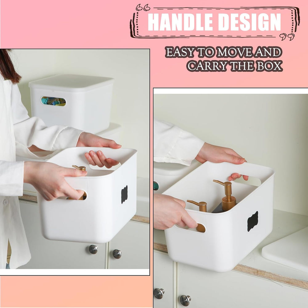 BBTO 8 Pcs White Plastic Storage Bins with Lids Organizing Container with Han...